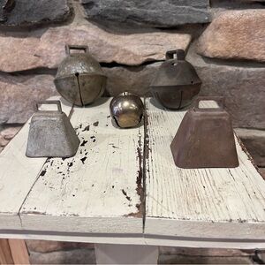 Rustic Metal Cowbells Set brass and steel set of 5.‎
